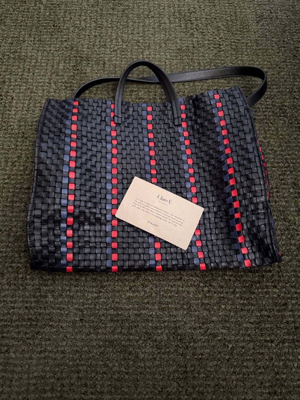 Clare V Black Woven Tote with Red Stripe Accents